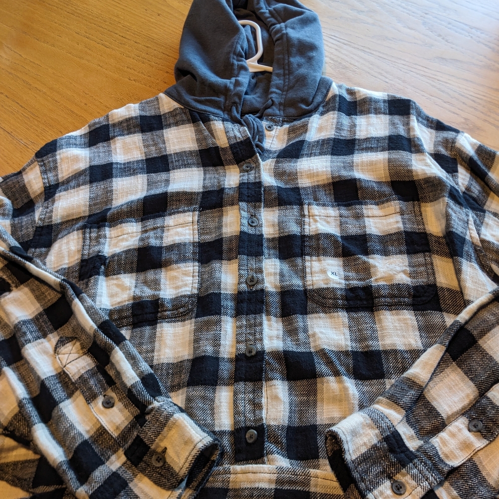 American Eagle Cropped Flannel Hoodie Black & White w/Gray Hood Women's X-Large